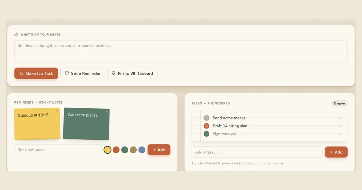 Loveley Desk demo showing tasks, sticky reminders and a daily work area