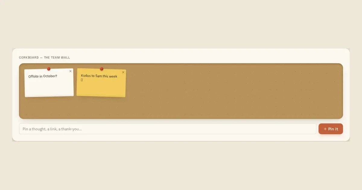 Loveley Desk demo corkboard used as a shared virtual-office noticeboard